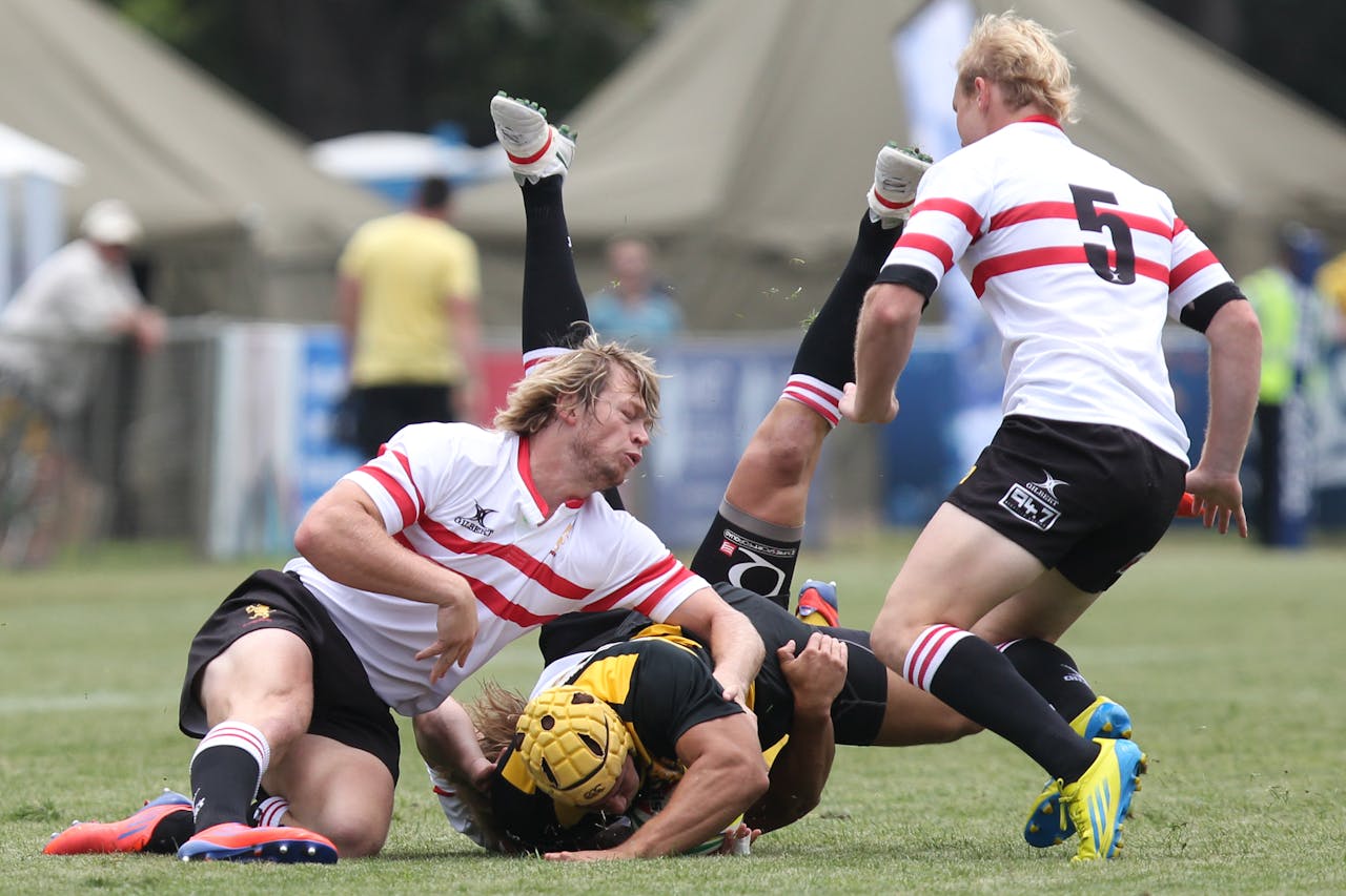 A dynamic tackle during a match